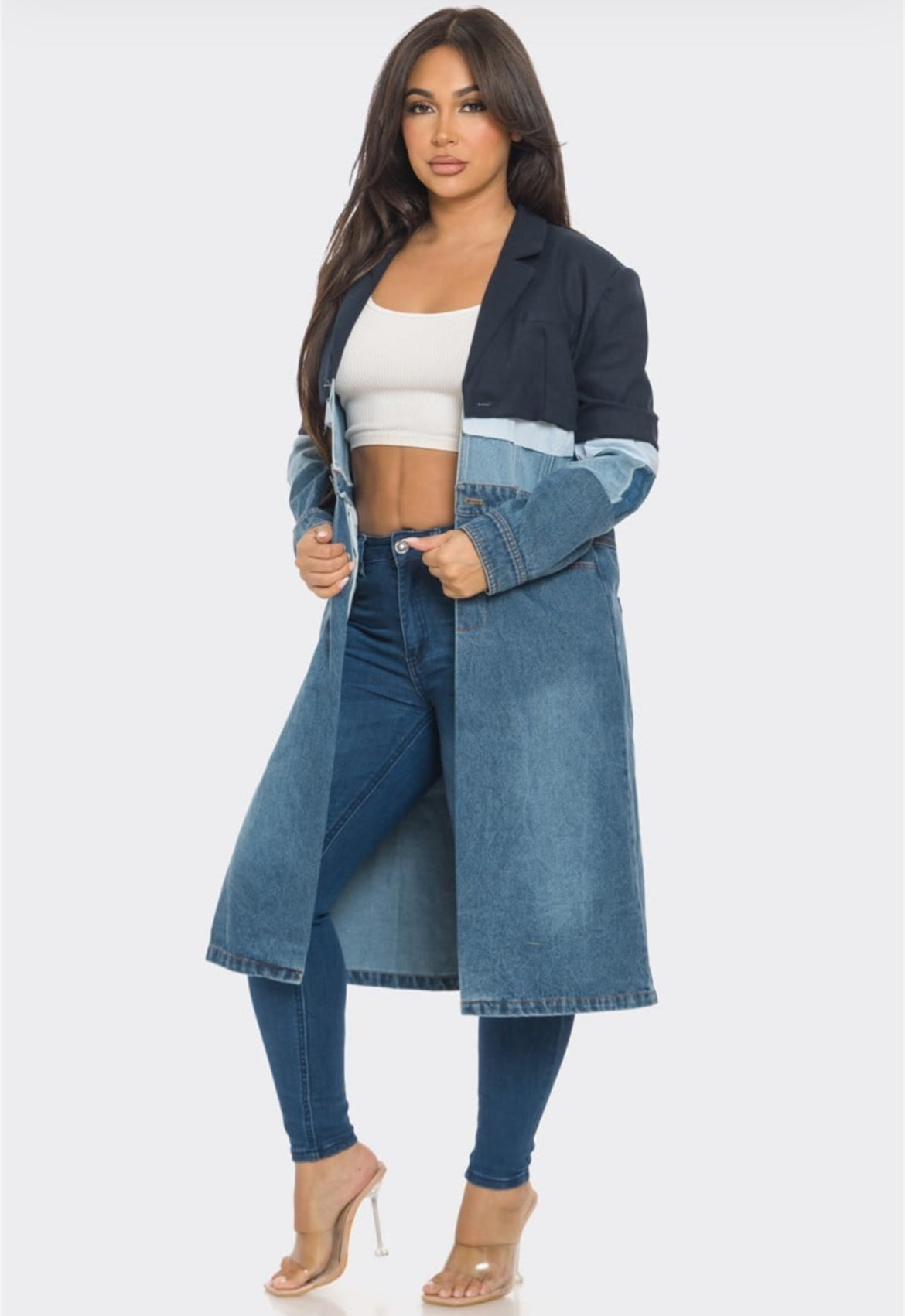 Stylish Multi-Denim Trench Coat