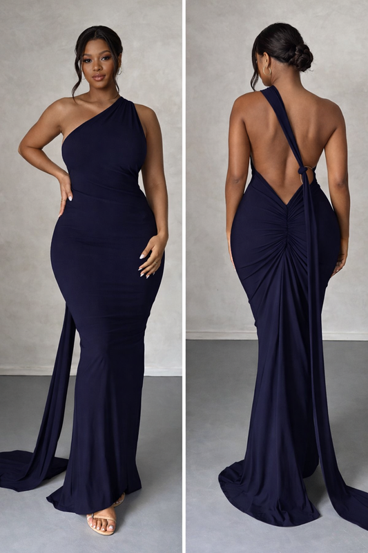 Backless One-Shoulder Ruched Bodycon Maxi Dress