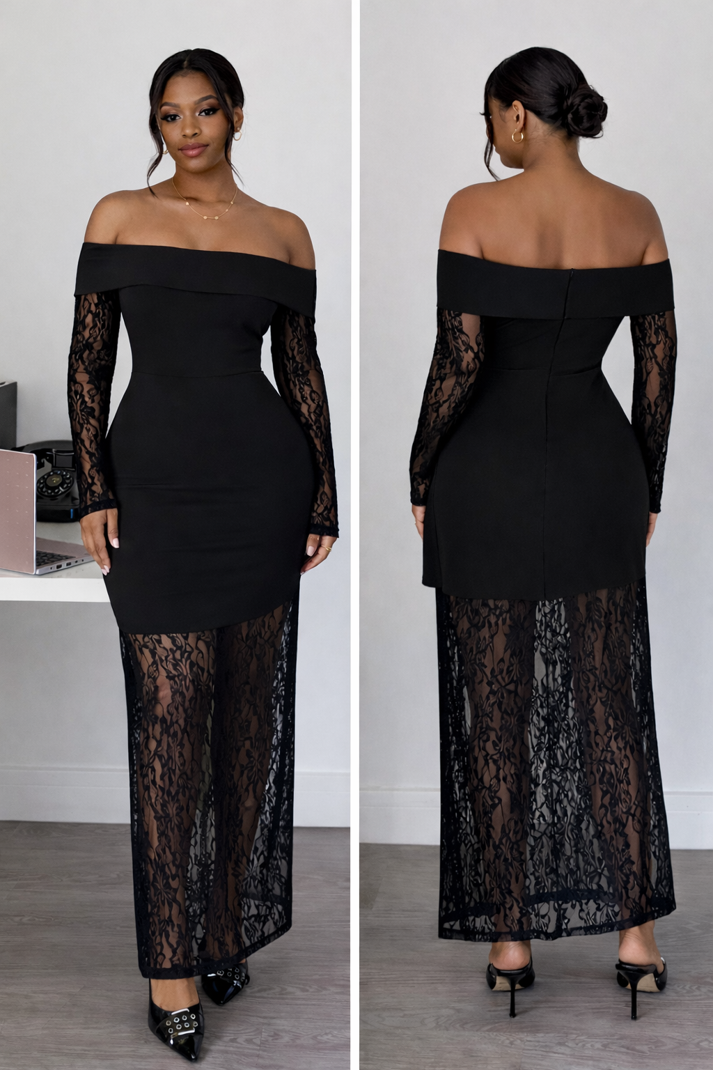 Off-Shoulder Lace Long Sleeve Maxi Dress - Body By J'ne