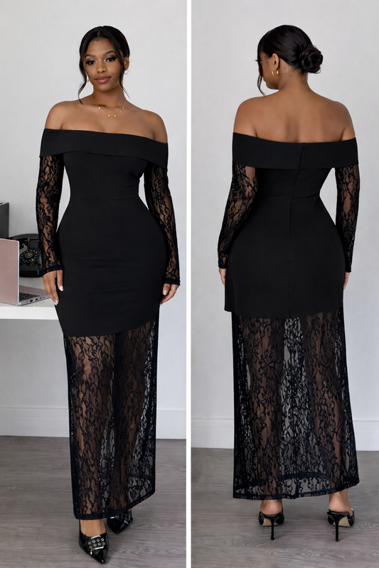 Off-Shoulder Lace Long Sleeve Maxi Dress - Body By J'ne