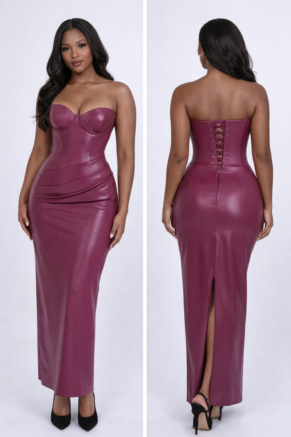Sleeveless Faux Leather Bodycon Maxi Dress with Back Lace Up
