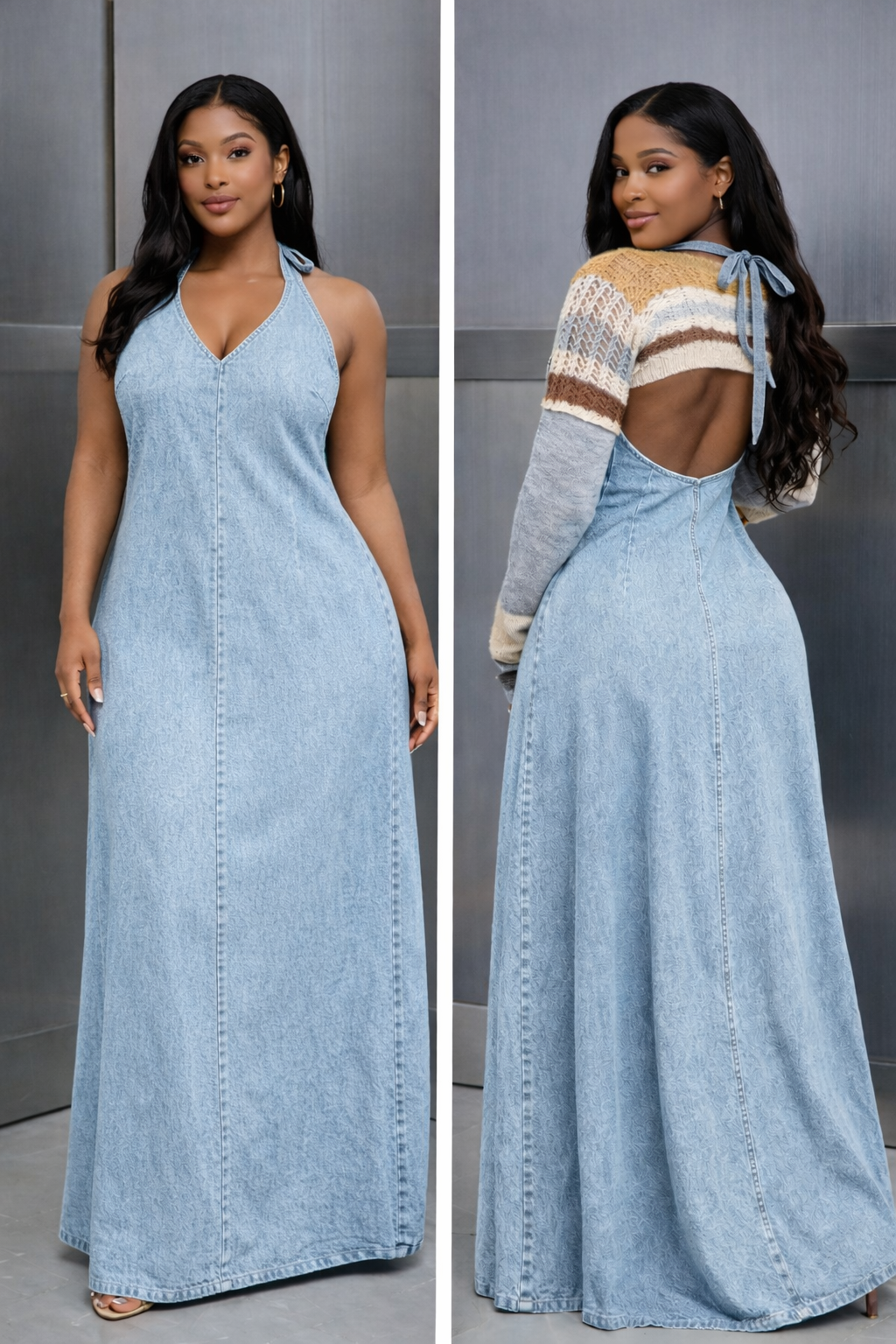 Backless Halter Neck Maxi Denim Dress