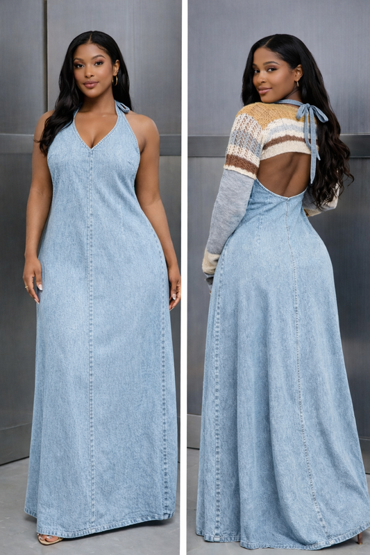 Backless Halter Neck Maxi Denim Dress