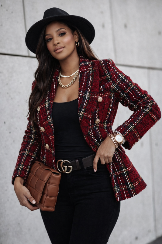 Full Size Plaid Tweed Double-Breasted Blazer Plus Size