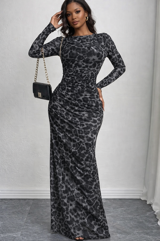 Leopard Ruched Bodycon Maxi Dress