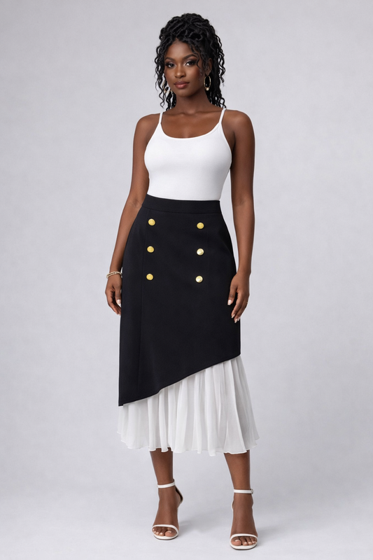 High-Waisted Button Decor Pleated Hem Skirt