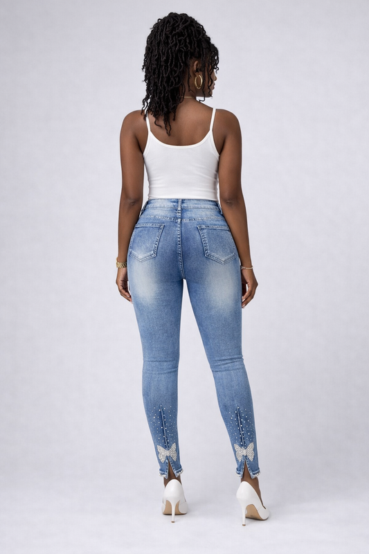 Rhinestone Butterfly Jeans with Pockets