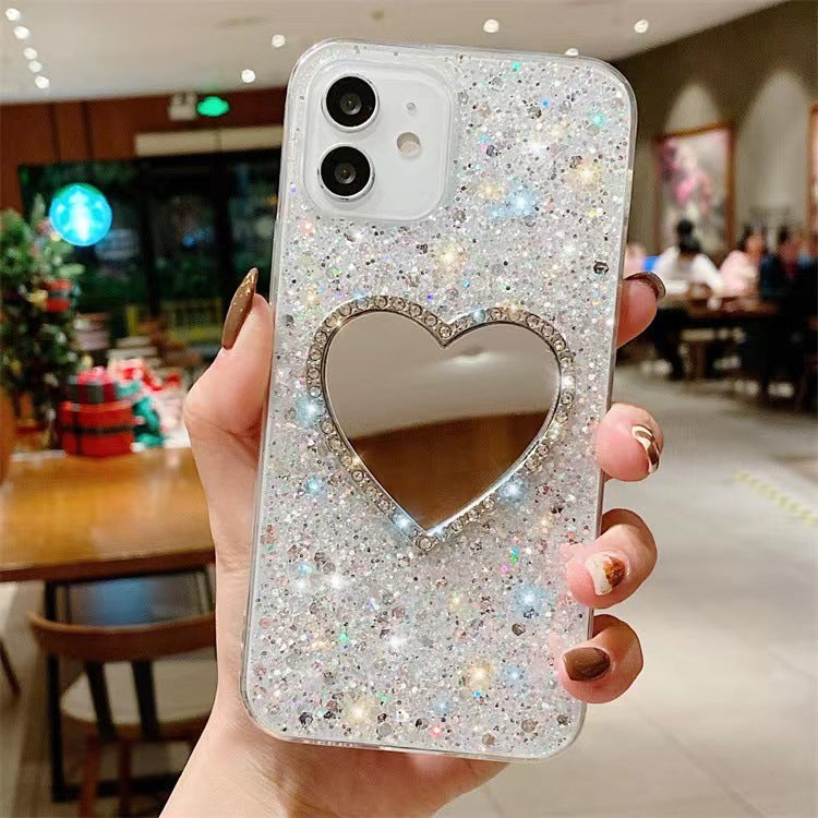 Estuche para teléfono con diamantes de imitación en forma de corazón y espejo epoxi