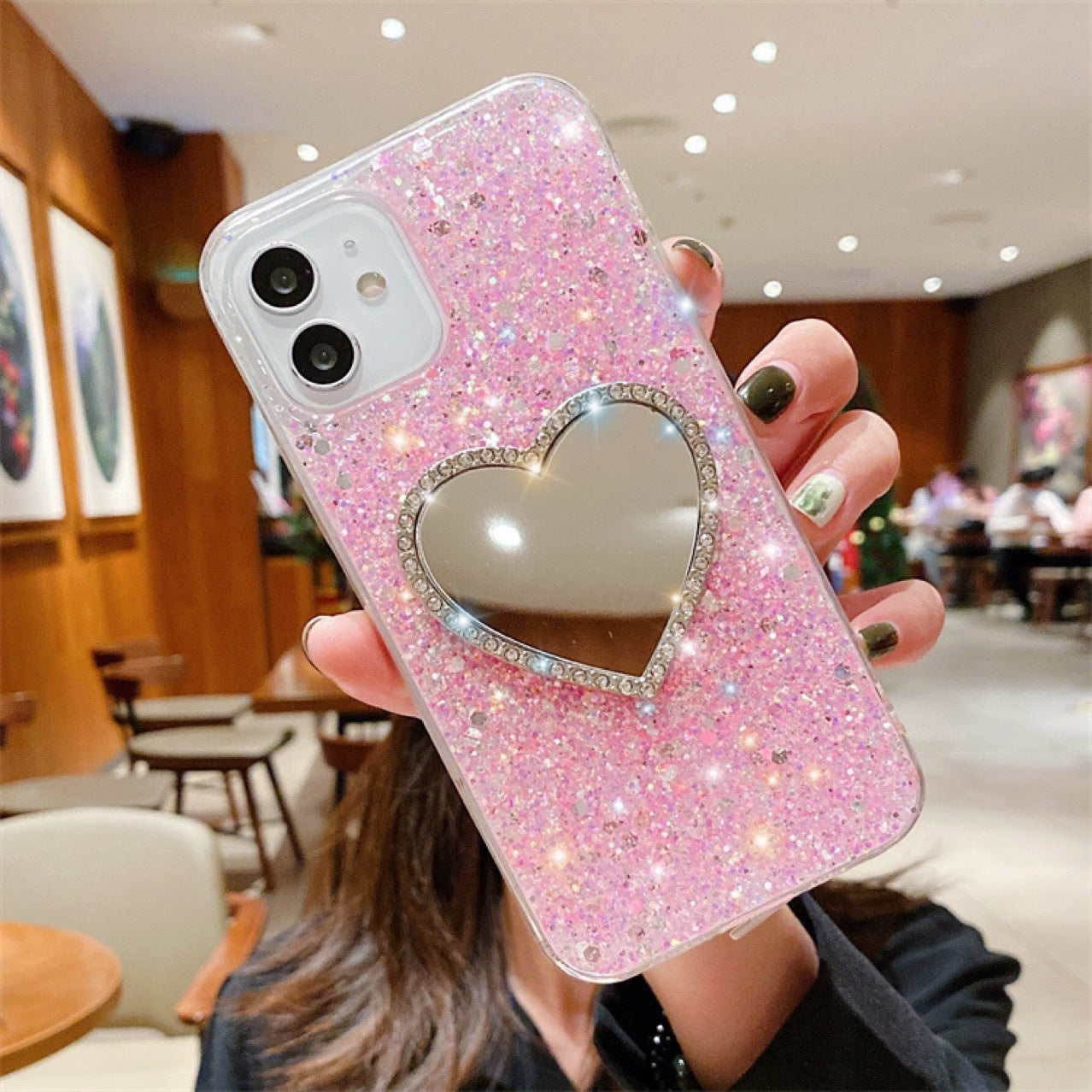 Estuche para teléfono con diamantes de imitación en forma de corazón y espejo epoxi