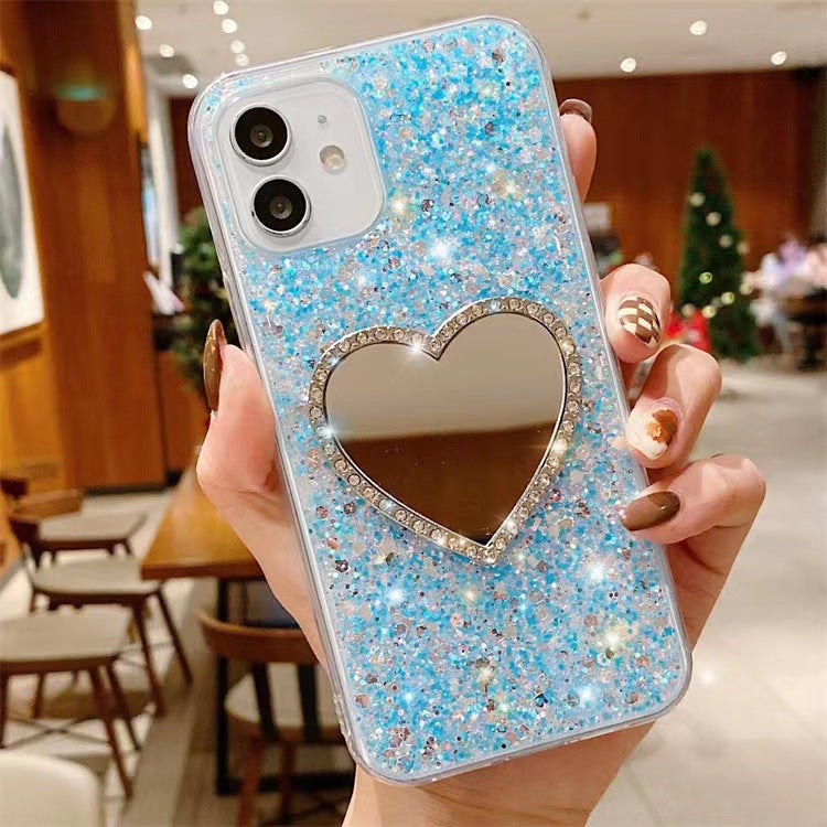 Estuche para teléfono con diamantes de imitación en forma de corazón y espejo epoxi