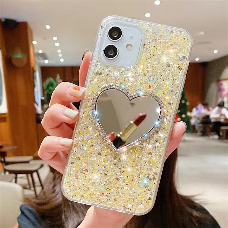 Estuche para teléfono con diamantes de imitación en forma de corazón y espejo epoxi