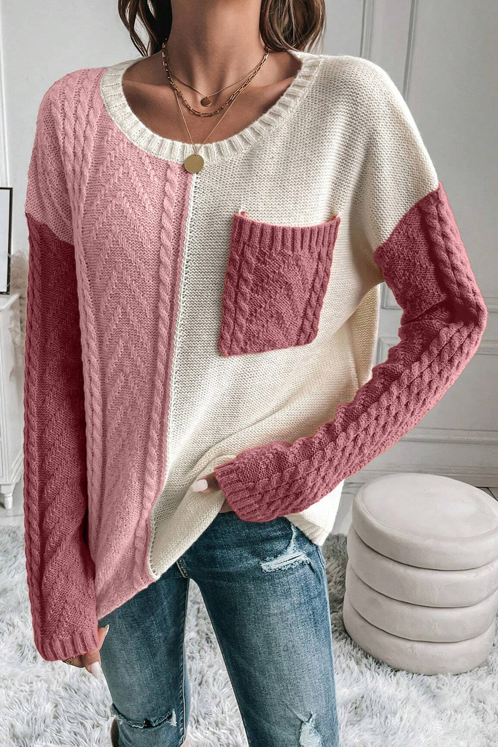 Color Block Round Neck Long Sleeve Sweater - Body By J'ne