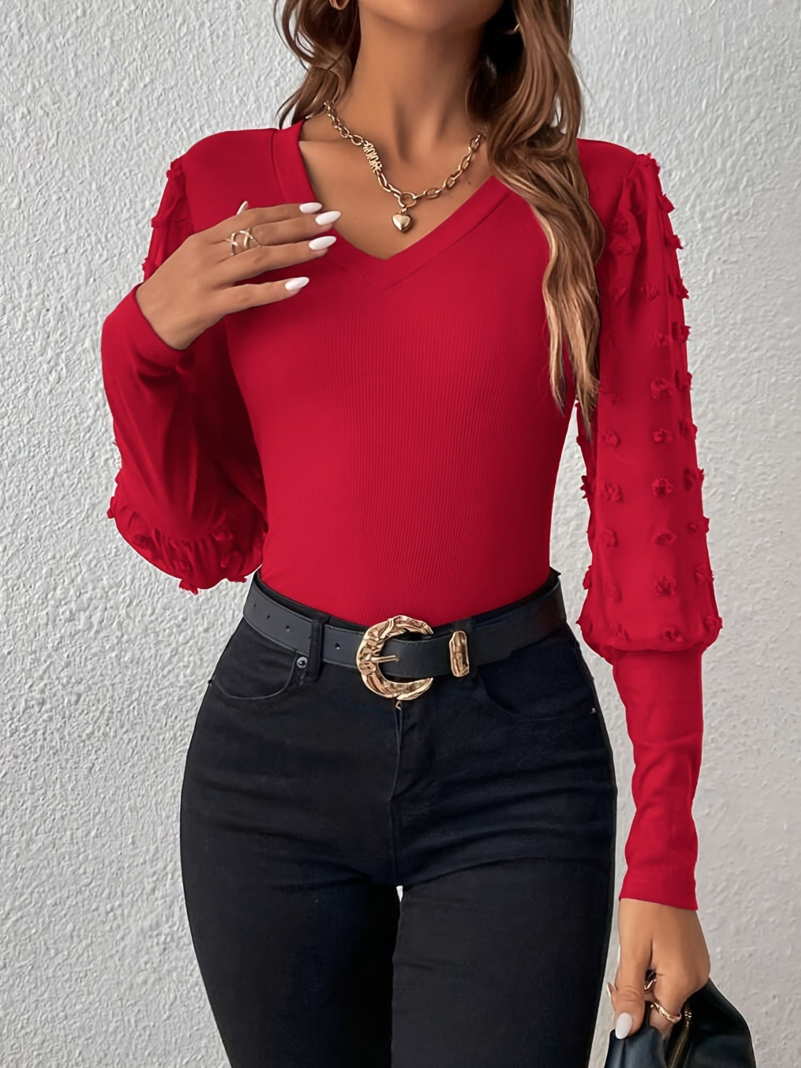 Swiss Dot V-Neck Long Sleeve Top - Body By J'ne