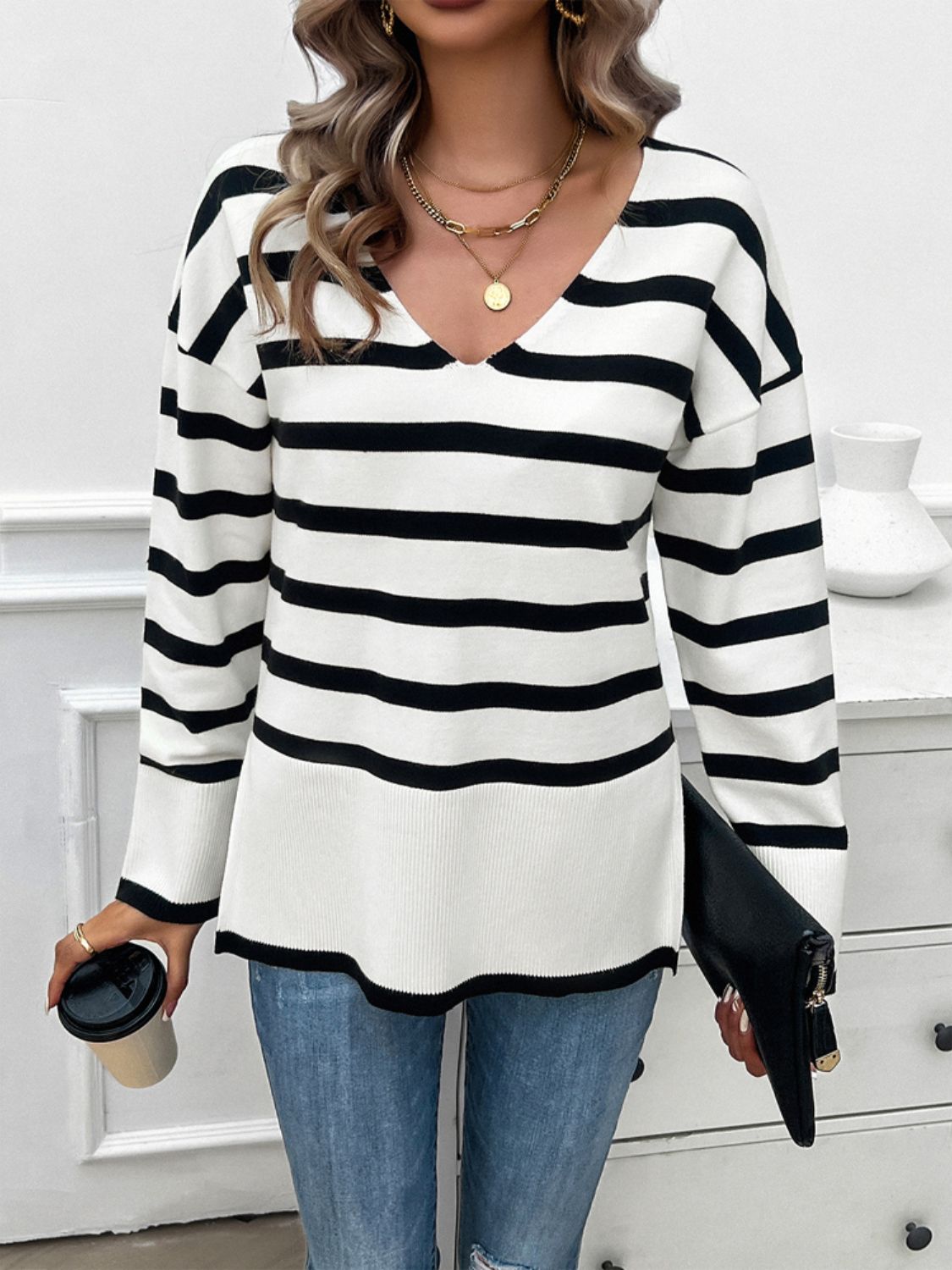Striped V-Neck Long Sleeve Knit Top - Body By J'ne