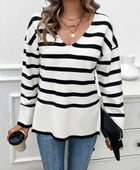 Striped V-Neck Long Sleeve Knit Top