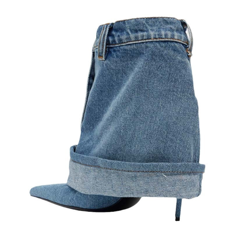 Pointed-toe Washed Denim Pantskirt Stiletto Ankle Boots - Body By J'ne