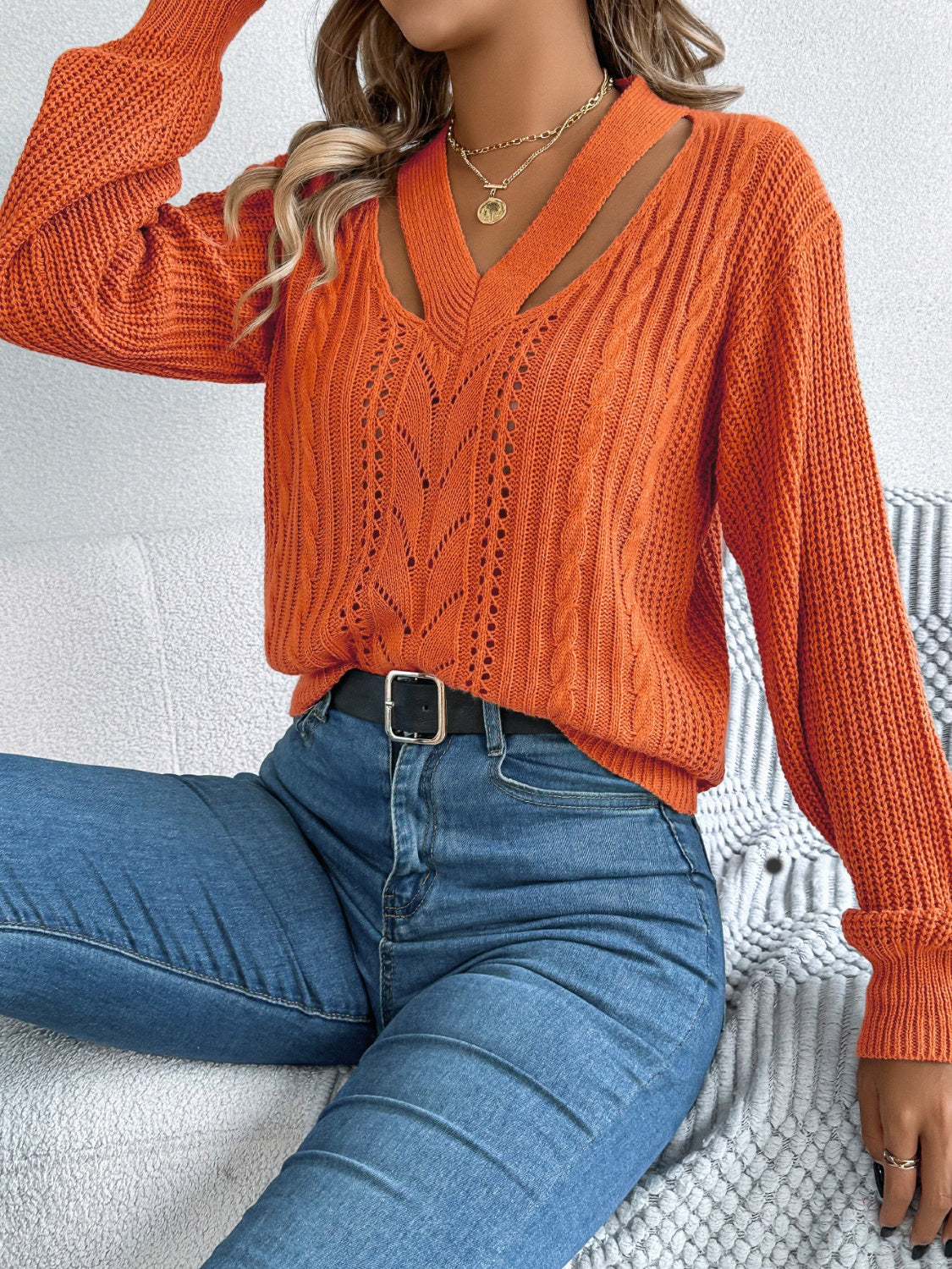 Cutout V-Neck Long Sleeve Sweater - Body By J'ne