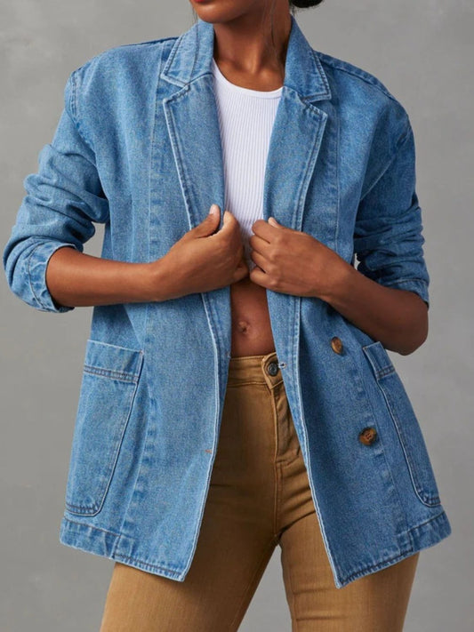 Pocketed Lapel Collar Long Sleeve Denim Jacket - Body By J'ne