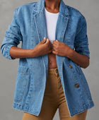 Pocketed Lapel Collar Long Sleeve Denim Jacket