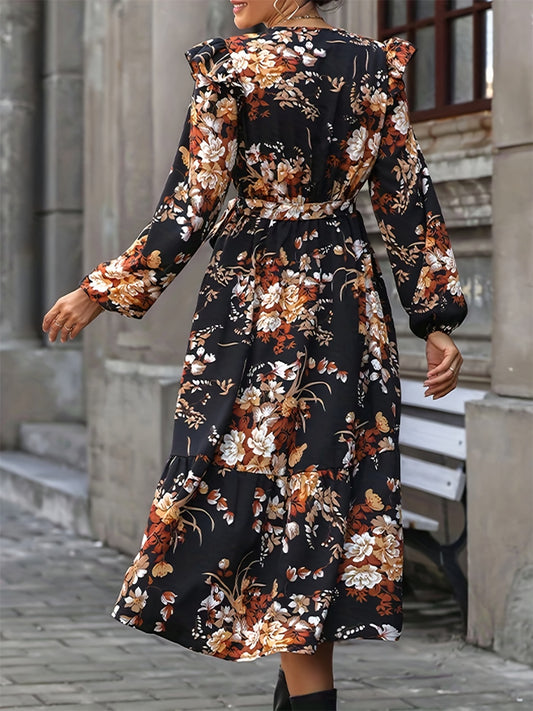Ruffled Printed Surplice Long Sleeve Midi Dress - Body By J'ne