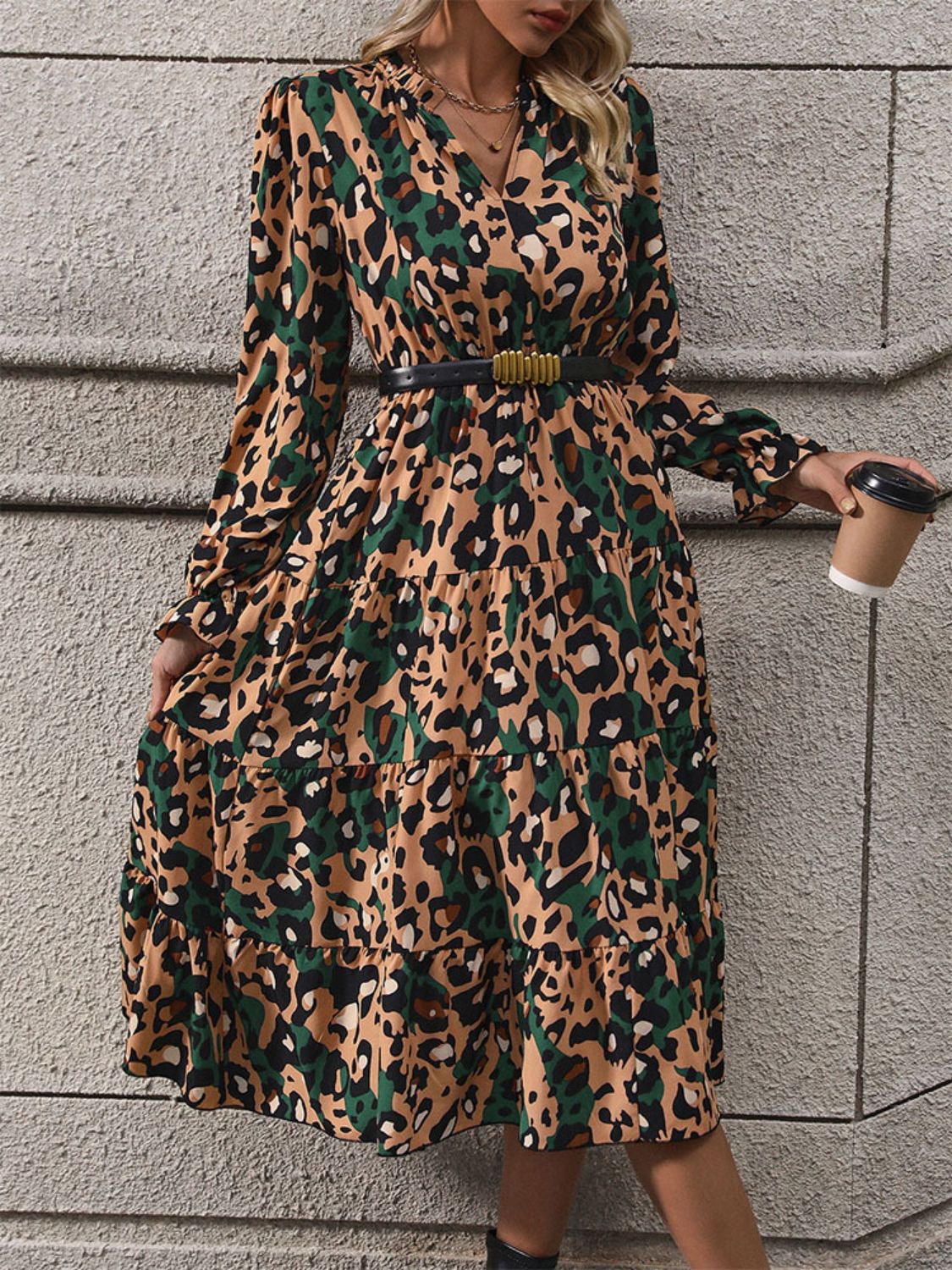 Perfee Leopard Notched Flounce Sleeve Midi Dress - Body By J'ne