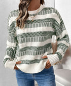 Perfee Contrast Round Neck Long Sleeve Sweater