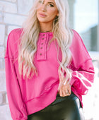 Exposed Seam Half Button Long Sleeve Sweatshirt - Body By J'ne