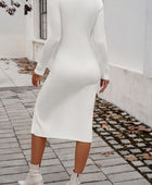 Slit V-Neck Long Sleeve Midi Dress