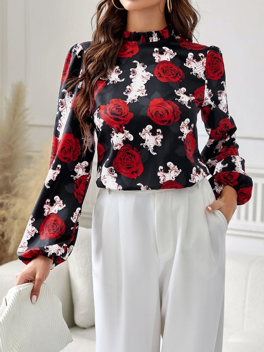Frill Floral Mock Neck Long Sleeve Top - Body By J'ne