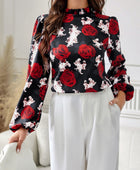 Frill Floral Mock Neck Long Sleeve Top