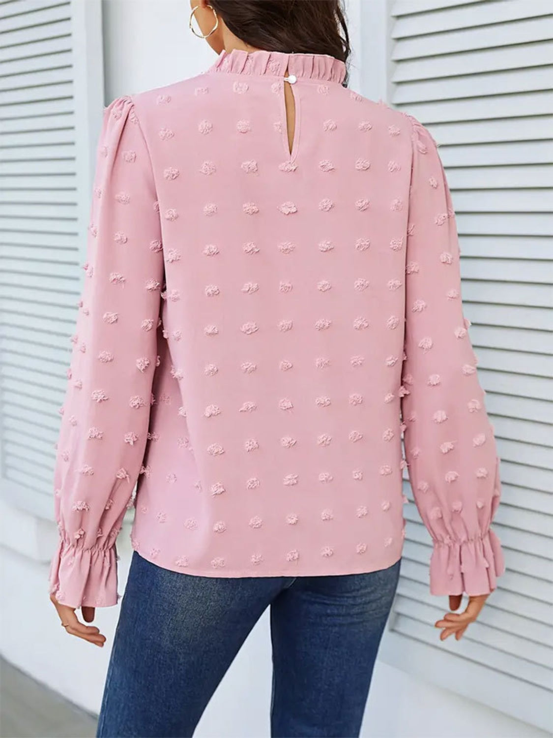 Swiss Dot Mock Neck Flounce Sleeve Blouse - Body By J'ne