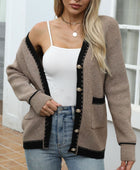 Contrast Trim Button Up Long Sleeve Cardigan