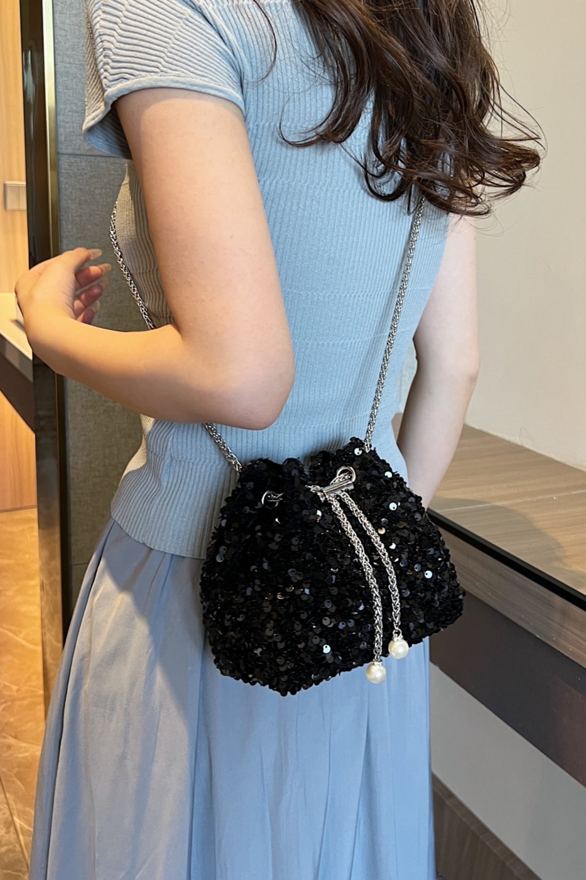 Sequin Chain Drawstring Bucket Bag - Body By J'ne