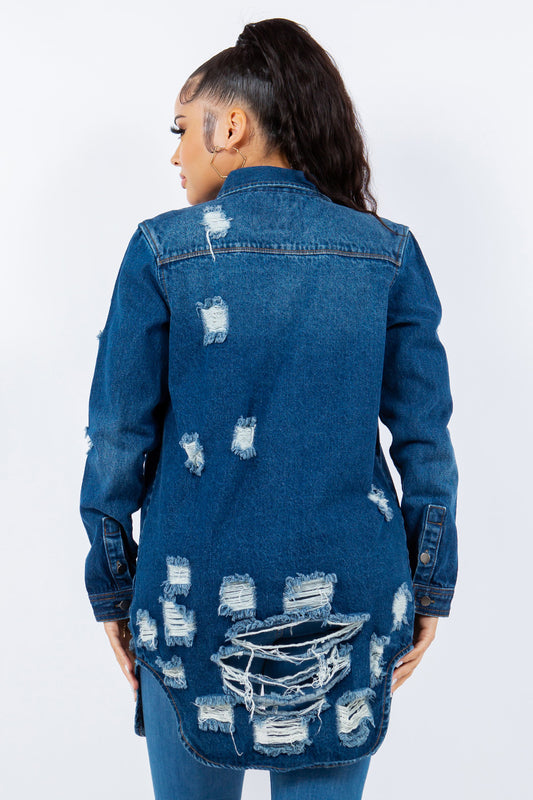 Distressed Button Up Long Sleeve Denim Jacket