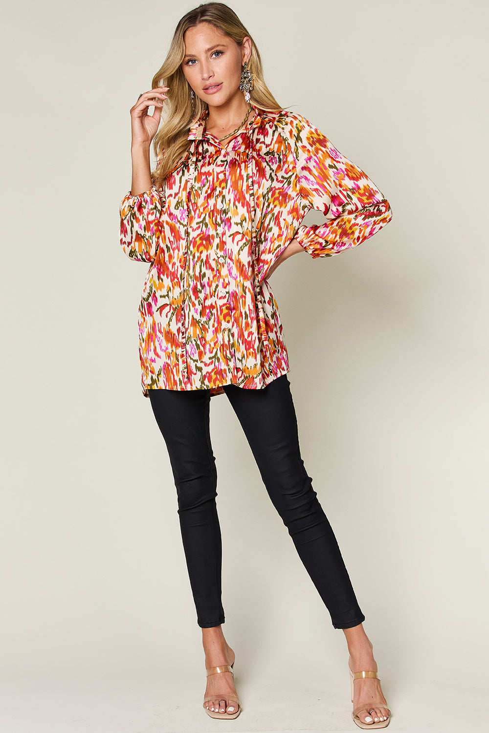 Full Size Printed Button Up Long Sleeve Shirt - Body By J'ne