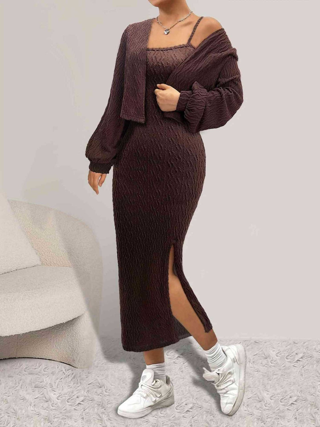 Open Front Long Sleeve Cardigan and Side Slit Cami Dress Set - Body By J'ne