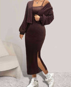 Open Front Long Sleeve Cardigan and Side Slit Cami Dress Set