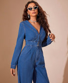 Plunge Long Sleeve Wide Leg Denim Jumpsuit