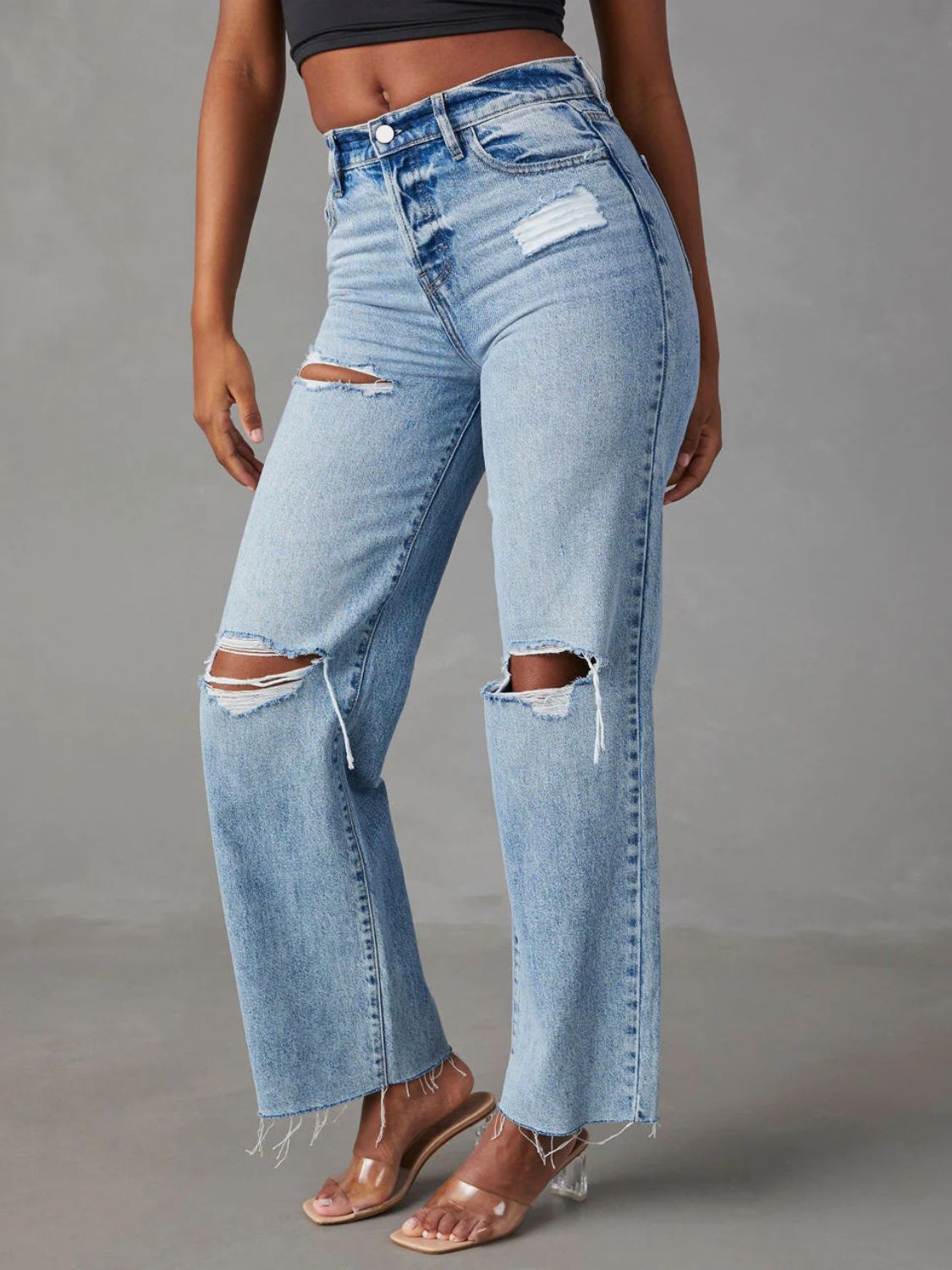 Distressed Straight Leg Jeans with Pockets