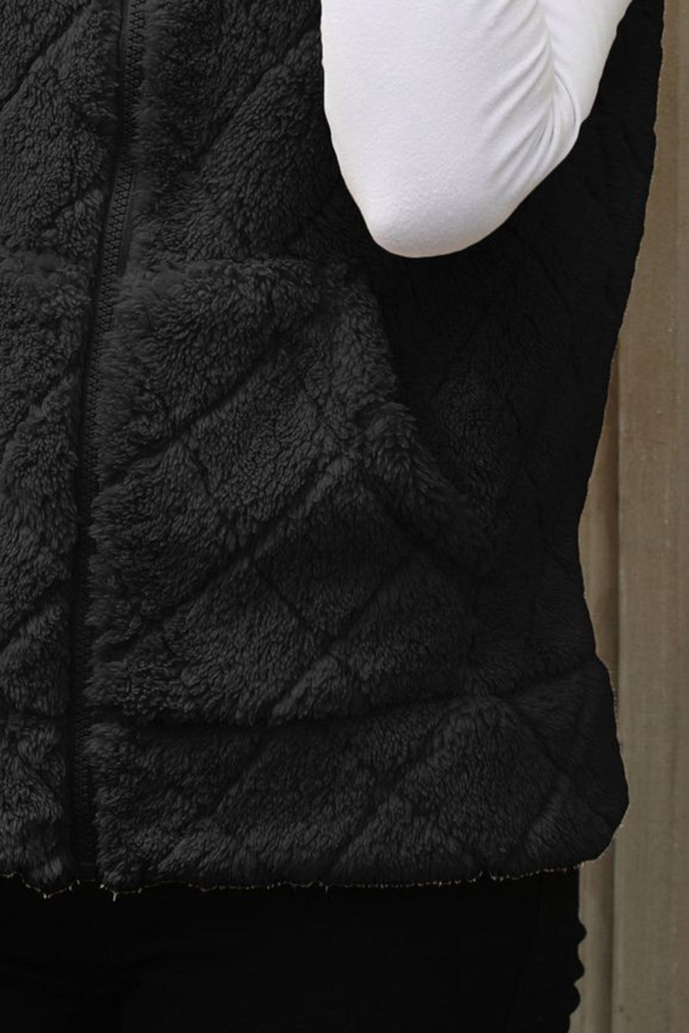 Fuzzy Plaid Texture Zip Up Vest Coat - Body By J'ne