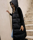 Drawstring Zip Up Hooded Longline Vest Coat