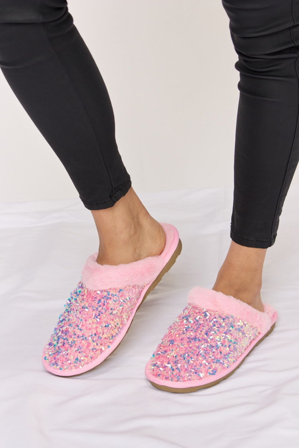 Sequin Plush Round Toe Slippers - Body By J'ne