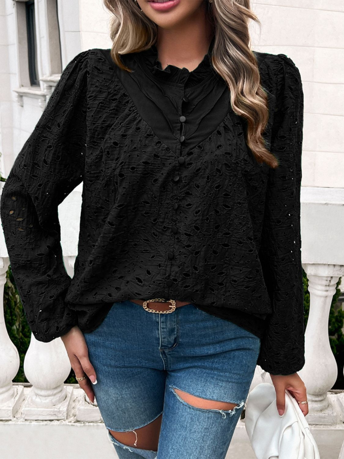 Devine Frill Round Neck Long Sleeve Shirt - Body By J'ne
