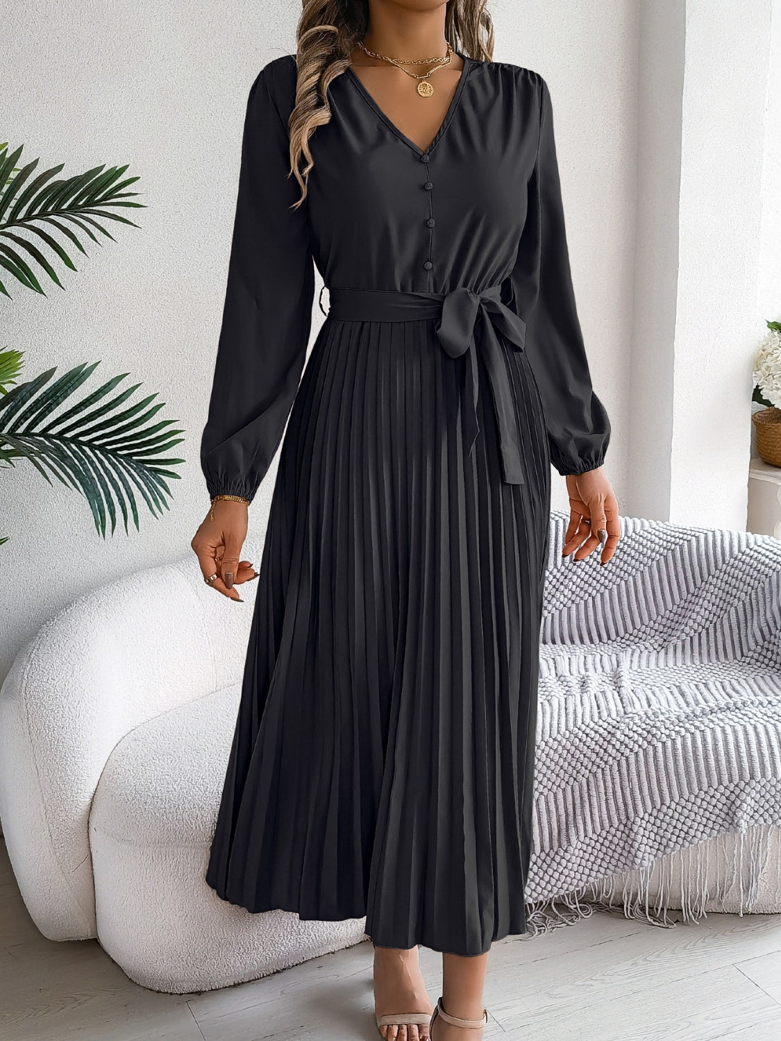 Pleated Tied V-Neck Long Sleeve Dress - Body By J'ne