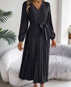 Pleated Tied V-Neck Long Sleeve Dress