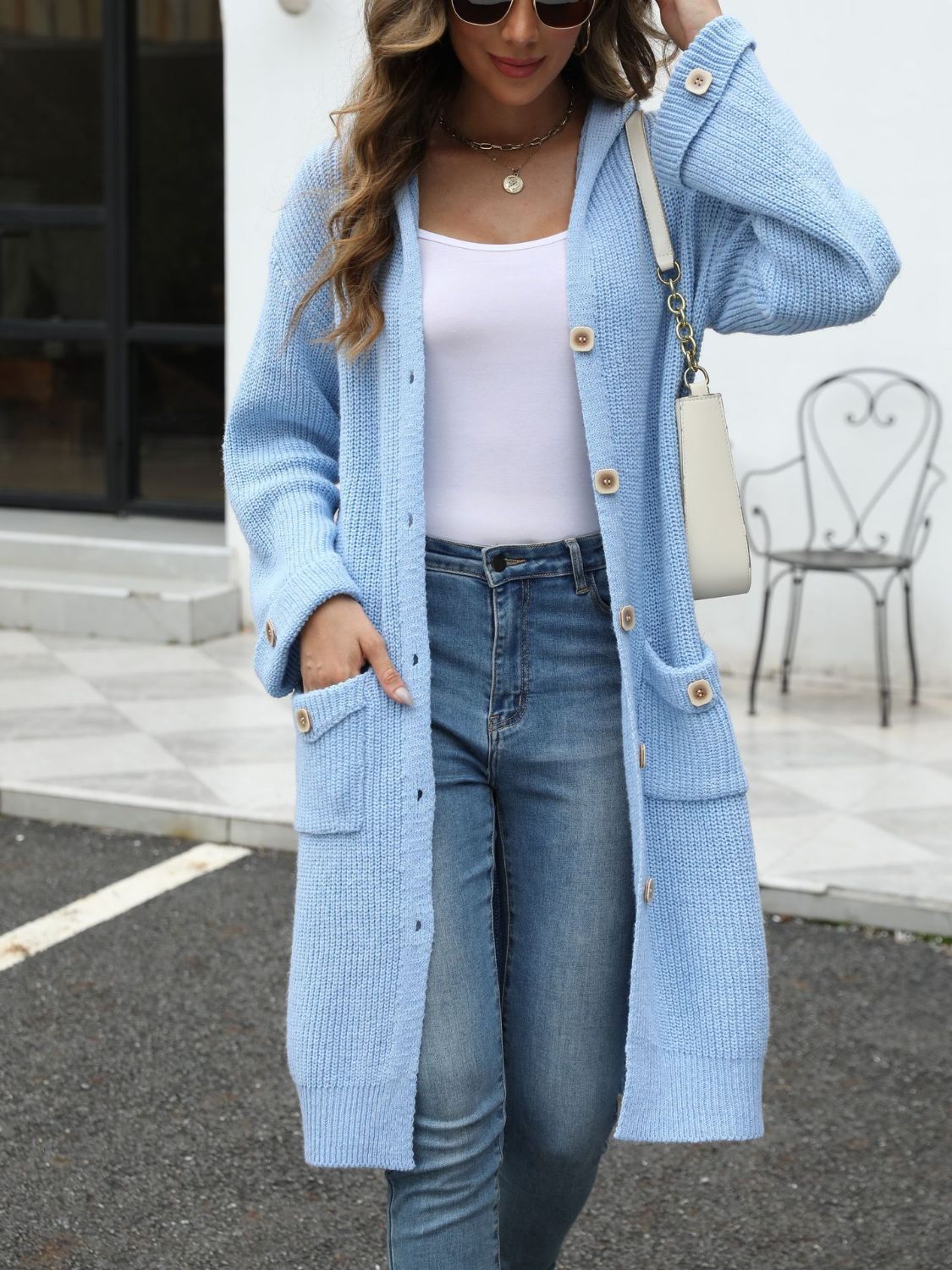 Pocketed Button Up Long Sleeve Hooded Cardigan - Body By J'ne