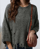 Distressed Round Neck Drop Shoulder Sweater