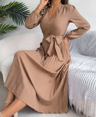 Pleated Tied V-Neck Long Sleeve Dress