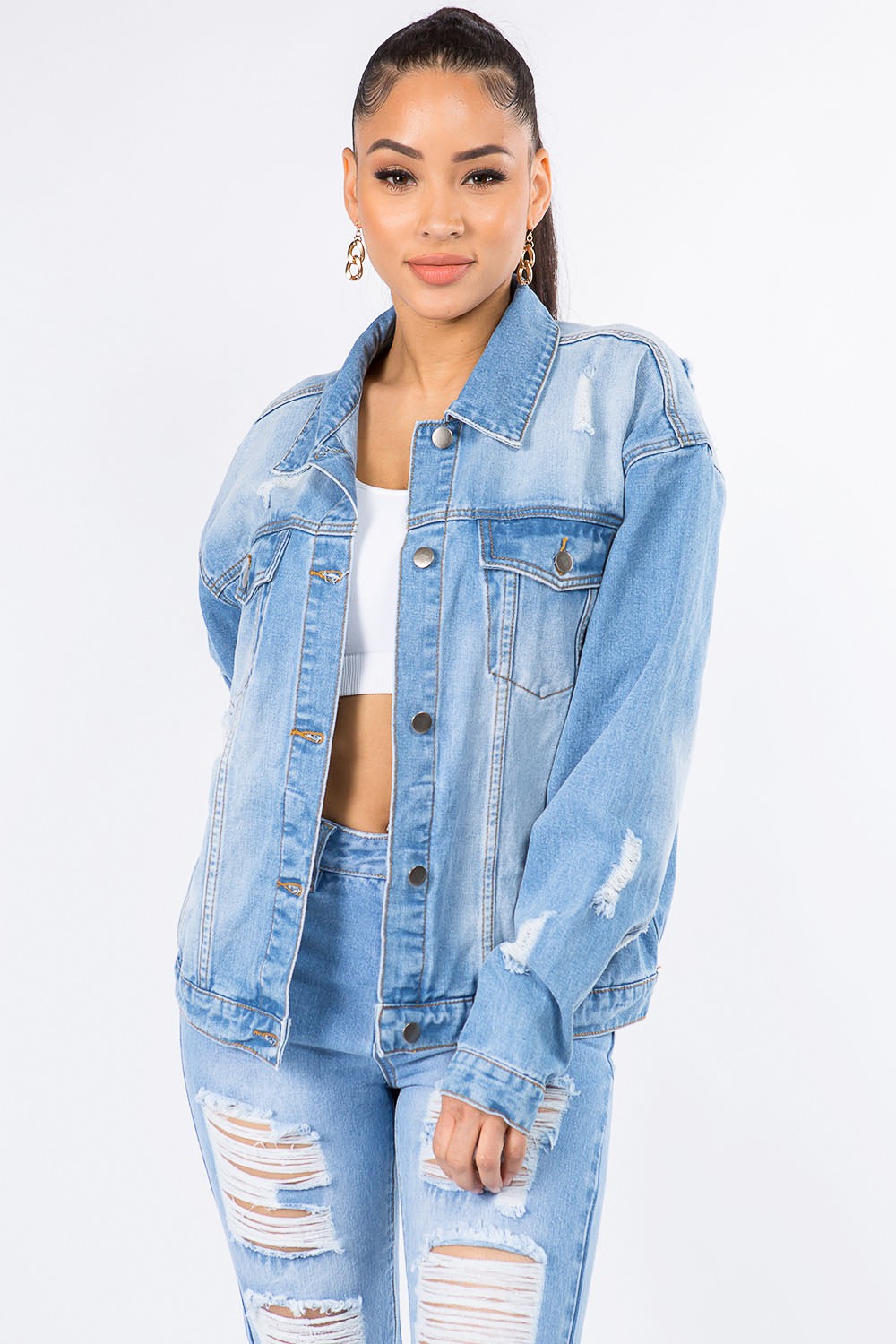 Graphic Distressed Long Sleeve Denim Jacket - Body By J'ne