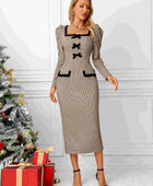 Bow Plaid Square Neck Puff Sleeve Dress